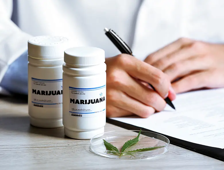 Person filling out a cannabis card application form for medical marijuana.